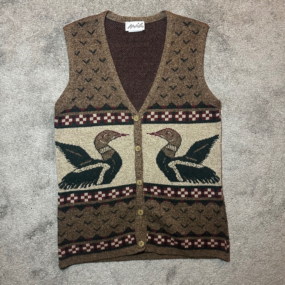 Mia Knit Sweater Vest Mens Small Brown Loon Duck Bird Nature Button Front